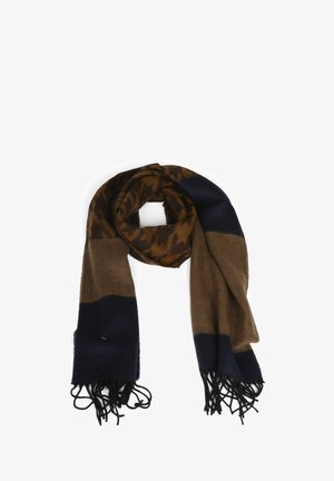 Gewebter Wollschal mit braunen und marineblauen Farbblöcken, der ein geometrisches Muster aufweist und fransige Kanten für zusätzliche Textur hat.