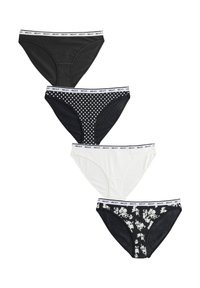 Neli naiste aluspükste paari: mustad, valged ja lillemustriga kangad; ühel täpiline muster; kõigil valge elastse "NEXT" logoga vöökohaga.