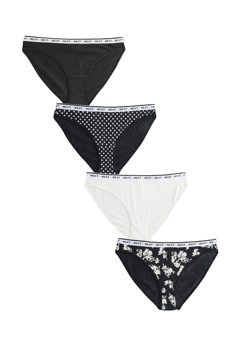Neli naiste aluspükste paari: mustad, valged ja lillemustriga kangad; ühel täpiline muster; kõigil valge elastse "NEXT" logoga vöökohaga.