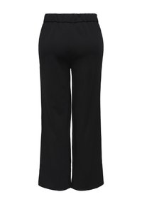 Sorte bukser med brede ben og elastisk taljebånd, bagfra set, vist på en hvid baggrund.