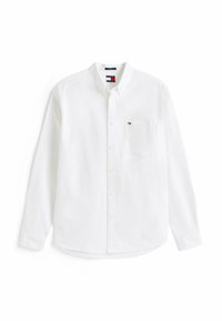 White long-sleeve button-up shirt with chest pocket featuring a small embroidered brand logo.