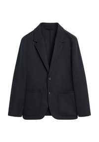 Navy wool blazer featuring a notched collar, two-button front, and two front pockets. Smooth texture with a tailored fit.