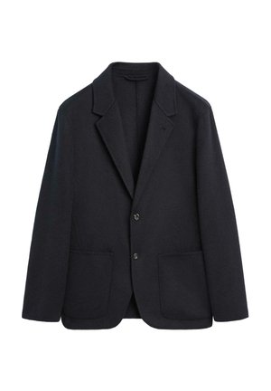 Marineblauwe wollen blazer met een aangeknipte kraag, een twee-knopen sluiting en twee voorzakken. Soepele textuur met een getailleerde pasvorm.