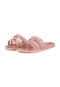 Rosa Slipper-Sandalen mit drei horizontalen Riemen, verziert mit funkelnden Akzenten. Hergestellt aus glattem, strapazierfähigem Material; flache Sohle.