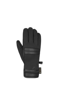 Schwarze Winterhandschuhe aus Softshell-Material mit Lederakzenten, einer gewölbten Form und strukturiertem Griff auf der Handfläche, inklusive eines GORE-TEX-Labels.