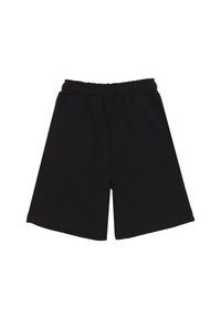 Pantaloni corti neri in cotone con cintura elastica, taglio dritto e senza motivi o dettagli visibili. Ideali per un abbigliamento casual.