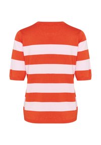 Short-sleeve top featuring bold orange and pink horizontal stripes, round neckline, and a soft fabric texture. Intentionally casual design.