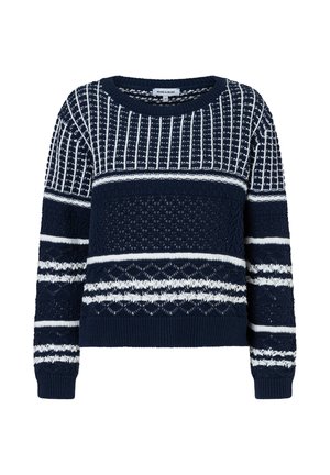 Marineblauer Strickpullover mit weißen Streifen und gemusterten horizontalen Bändern, langen Ärmeln und rundem Ausschnitt.