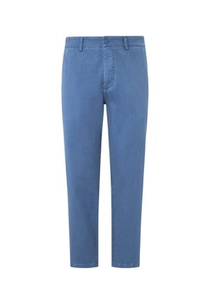 Blauwe katoenen chinos met een slim fit, voorzien van een knoopsluiting en zijzakken. De stof heeft een gladde textuur zonder zichtbare patronen.