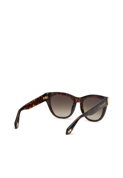 Schildpatt-Sonnenbrille mit verlaufenden dunklen Gläsern, sichtbaren goldenen Scharnierdetails und einem Logo an den Bügelenden.