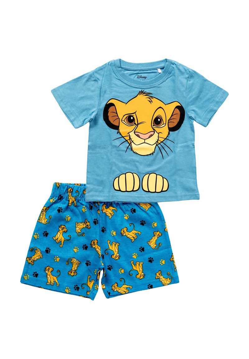 Pigiama blu per bambino con un grande volto di Simba sulla maglietta e un motivo ripetuto di Simba e impronte di zampe sui pantaloni.
