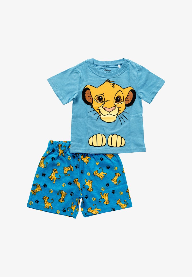 Pigiama blu per bambino con un grande volto di Simba sulla maglietta e un motivo ripetuto di Simba e impronte di zampe sui pantaloni.