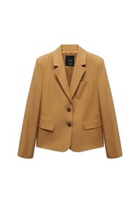 Hnědý blazer s přizpůsobeným střihem, jednonáprsní design, dvě přední kapsy a dva knoflíky. Hladká tkanina s jemnou texturou.