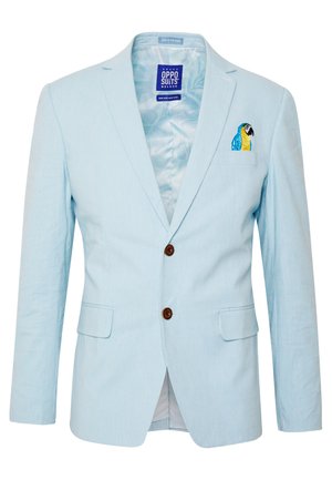 Blazer azzurro chiaro con una vestibilità slim, presenta un ricamo di pappagallo sulla tasca sinistra del petto, due bottoni marroni e spacchetto singolo sul retro.