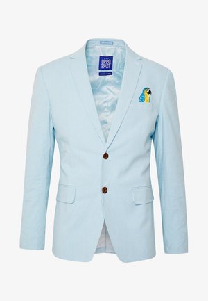 Hellblaues Blazerjackett in schlanker Passform, mit einem Papageien-Stickerei auf der linken Brusttasche, zwei braunen Knöpfen und einem Schlitz auf der Rückseite.