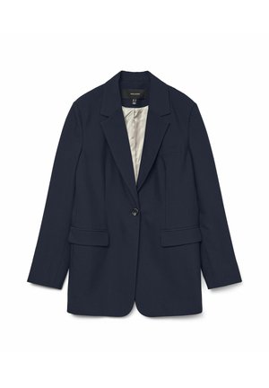 Blazer scuro navy a un bottone con rever a punta, tasche frontali a patta e fodera interna grigia chiara, adagiato su uno sfondo bianco.