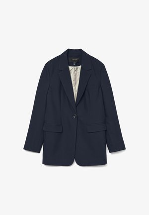 Üks nupuga tume laevantsi blazer, millel on lõikeklapid, esiflapiga taskud ja heledat halli voodrit, asetatuna tasasele valgele taustale.