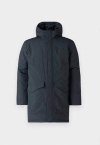 Temno siva parka z kapuco, z sprednjim zadrgo, dvema velikima žepoma in žepom na prsih. Narejena iz teksturiranega, vremensko odporninega materiala.