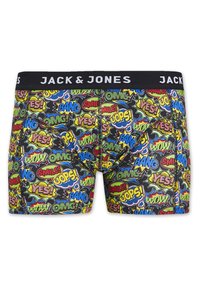 Boxer-briefs noirs ornés de bulles de bande dessinée colorées avec des phrases comme "BANG !" et "WOW !" et une ceinture de marque.