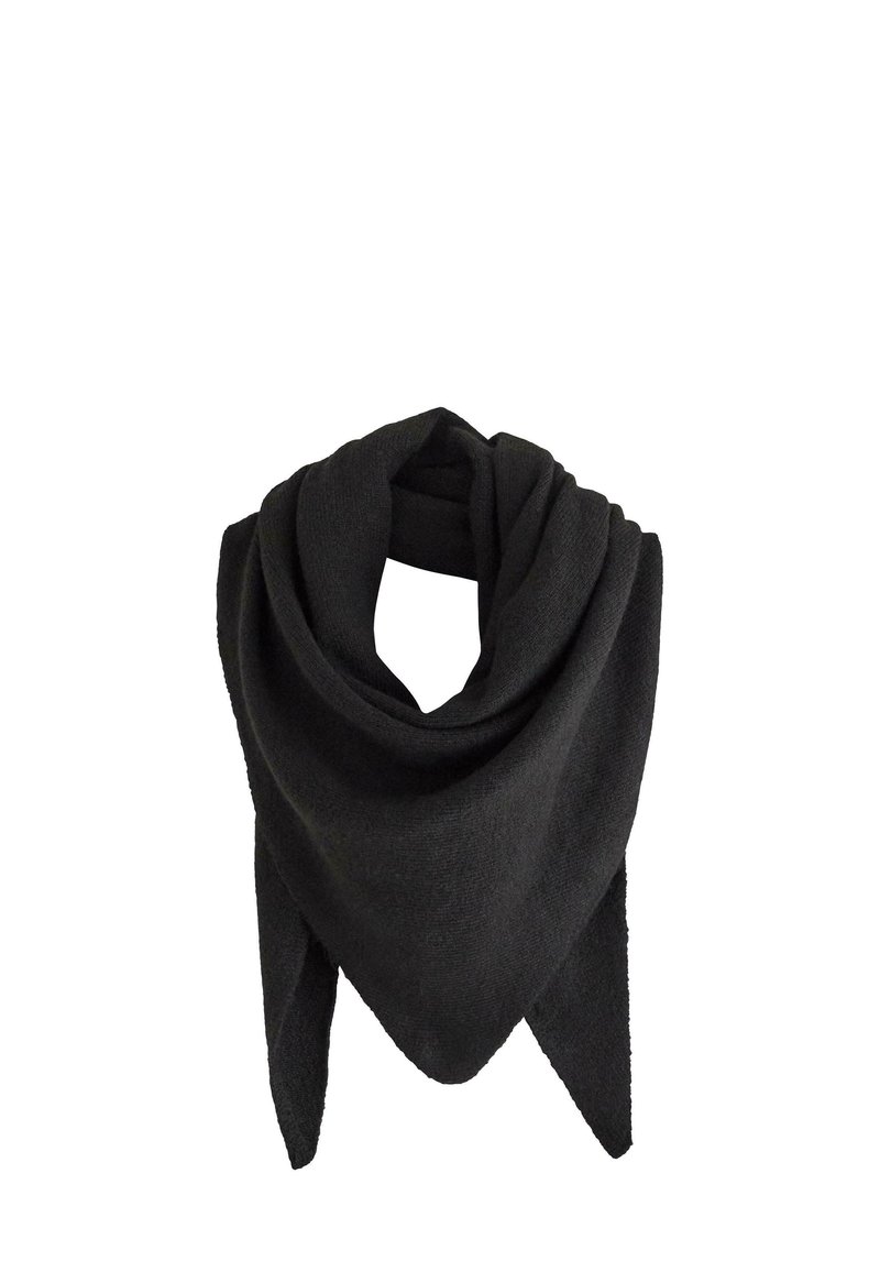 Sort trekantet tørklæde lavet af blødt stof, med en glat overflade og draperet design, velegnet til flere stylingmuligheder.