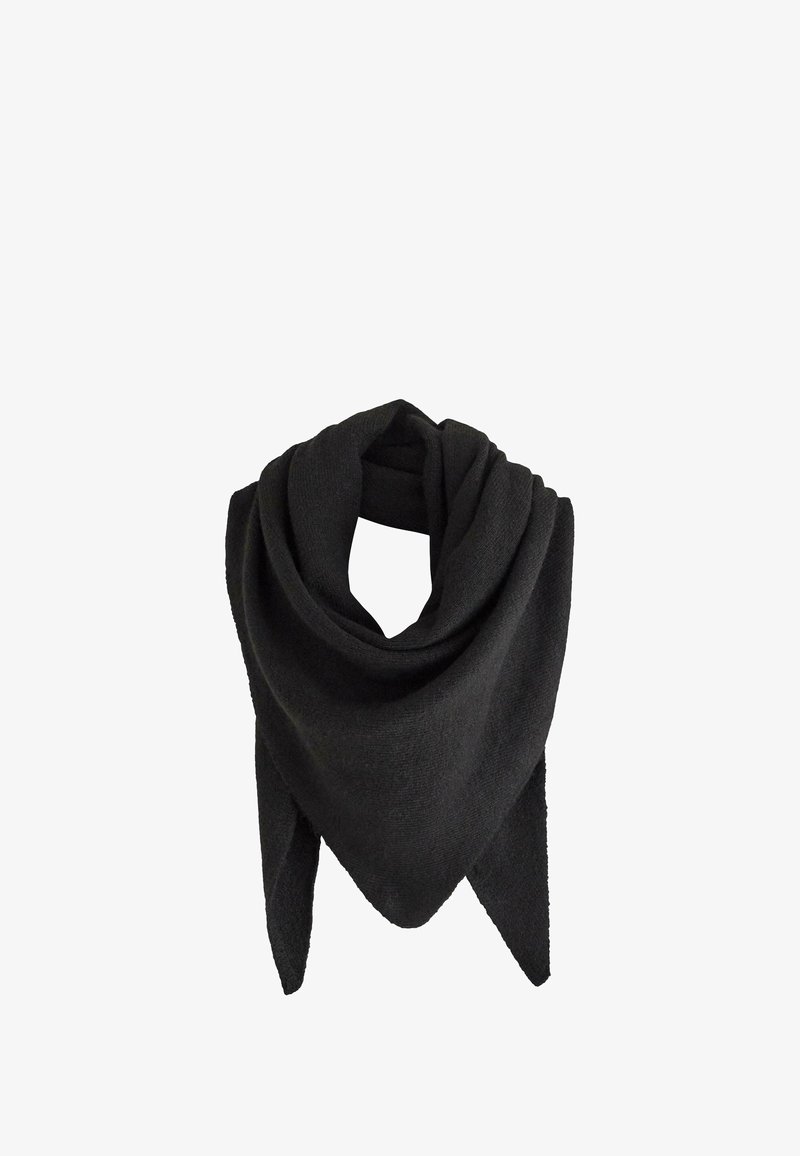 Sort trekantet tørklæde lavet af blødt stof, med en glat overflade og draperet design, velegnet til flere stylingmuligheder.