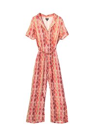 Combinaison à motifs avec des rayures ondulées dans des nuances de rouge, pêche et crème. Manches courtes, décolleté en V et détail de taille nouée. Tissu léger.