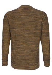 Pull marron texturé à manches longues, col rond, avec un motif subtil. Présente une finition lisse et un design simple sans ornements.