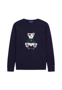 Jersey de color navy con un diseño de oso tejido en blanco y verde, con cuello redondo y puños de canalé. Incluye el nombre de la marca bordado.