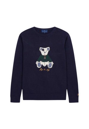 Marineblauw sweater met een gebreid berenontwerp in wit en groen, voorzien van een ronde hals en geribde manchetten. Inclusief geborduurde merknaam.