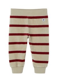 Beige velour-housut, joissa on punaiset vaakaraitat, joustava vyötärö ja ribattu helma; edessä pieni "P"-merkki.