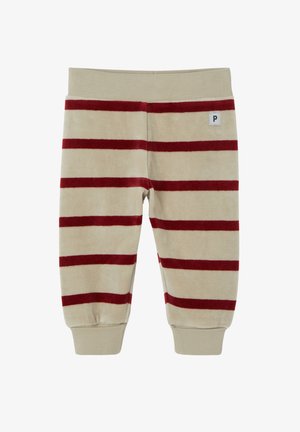 Beige velour-housut, joissa on punaiset vaakaraitat, joustava vyötärö ja ribattu helma; edessä pieni "P"-merkki.