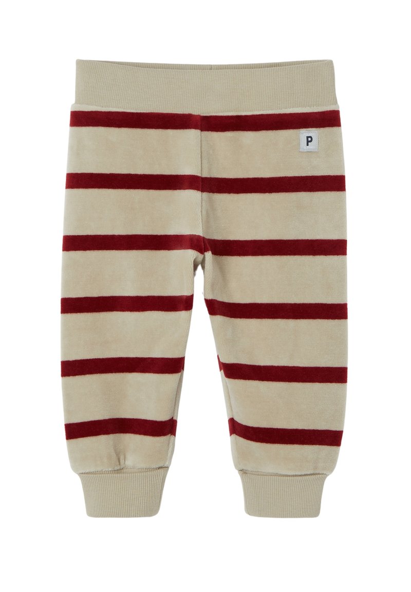 Beige velour-housut, joissa on punaiset vaakaraitat, joustava vyötärö ja ribattu helma; edessä pieni "P"-merkki.