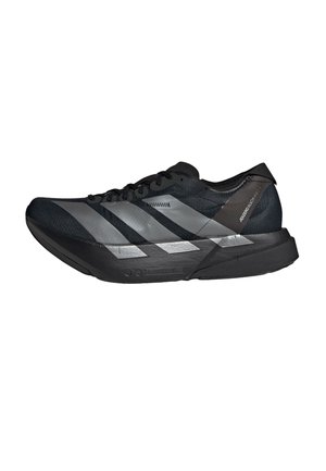 Black running shoe with a textured mesh upper, featuring three silver stripes, a lightweight sole, and a sleek, streamlined design.