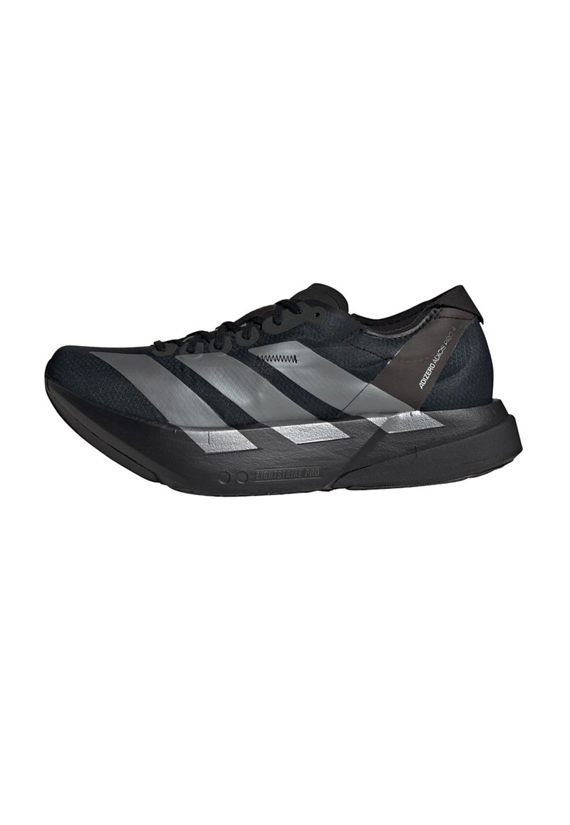 Black running shoe with a textured mesh upper, featuring three silver stripes, a lightweight sole, and a sleek, streamlined design.