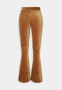 Brown corduroy flared pants with a ribbed texture, featuring a soft elastic waistband and a subtle sheen, cut to mid-calf length.