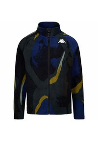 Giacca in pile con colletto alto, caratterizzata da un motivo astratto multicolore nei toni del nero, blu, verde e giallo. Chiusura con zip e accentuazione del logo.
