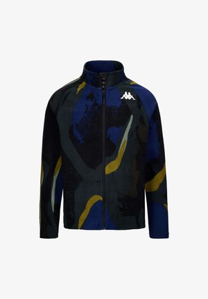 Giacca in pile con colletto alto, caratterizzata da un motivo astratto multicolore nei toni del nero, blu, verde e giallo. Chiusura con zip e accentuazione del logo.