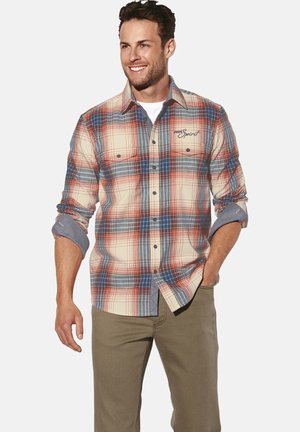 Kariertes Hemd in Beige-, Blau- und Rottönen mit Button-Down-Kragen, Brusttaschen und umgeschlagenen Ärmeln. Mit besticktem Markennamen.