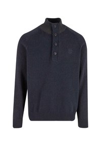 Maglione navy con colletto alto a coste, pattina con tre bottoni e polsini e orlo a coste. Il materiale presenta una sottile trama.