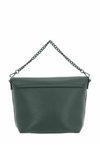Sac en cuir synthétique vert avec rabat pliant, doté d'une courte poignée en chaîne et d'une texture lisse. Aucun motif ni accent visible.