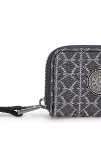 Portafoglio grigio con motivo a trama, superficie texture, chiusura con zip, hardware decorativo e una tracolla. Il design presenta un motivo a diamante.