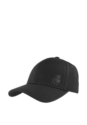 Black baseball cap with curved brim and small embroidered side logo of a person wearing sunglasses and a ponytail.
