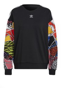 Zwarte sweatshirt met kleurrijke, patroon mouwen met dierenprints en geometrische ontwerpen. Ronde hals en geribde manchetten maken de look af.
