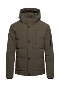 Olivgrüne gefütterte Winterjacke mit Kapuze, Knopf- und Reißverschluss vorne, Brust- und Arm-Zippockets sowie gerippten Ärmelabschlüssen.