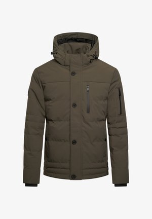 Olive green padded winter jacket with hood, button and zipper front closure, chest and arm zip pockets, and ribbed sleeve cuffs.