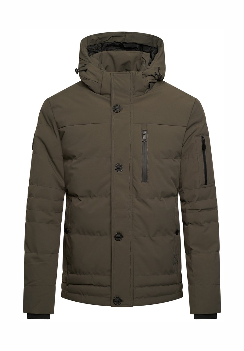 Olivgrüne gefütterte Winterjacke mit Kapuze, Knopf- und Reißverschluss vorne, Brust- und Arm-Zippockets sowie gerippten Ärmelabschlüssen.