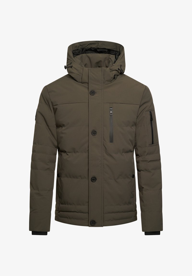 Olivgrüne gefütterte Winterjacke mit Kapuze, Knopf- und Reißverschluss vorne, Brust- und Arm-Zippockets sowie gerippten Ärmelabschlüssen.