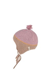 Knit hat in pink and tan with a decorative pom-pom on top, side ties, and a yellow accent band. Textured material with a snug fit.