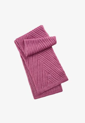 Soft folded pink knitted scarf with a diagonal ribbed pattern and a small square logo patch on one end.