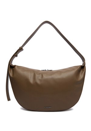 Brązowa torebka na ramię w kształcie półksiężyca z regulowanym paskiem i zamkiem błyskawicznym, z małym metalowym logo "G-STAR" z przodu.